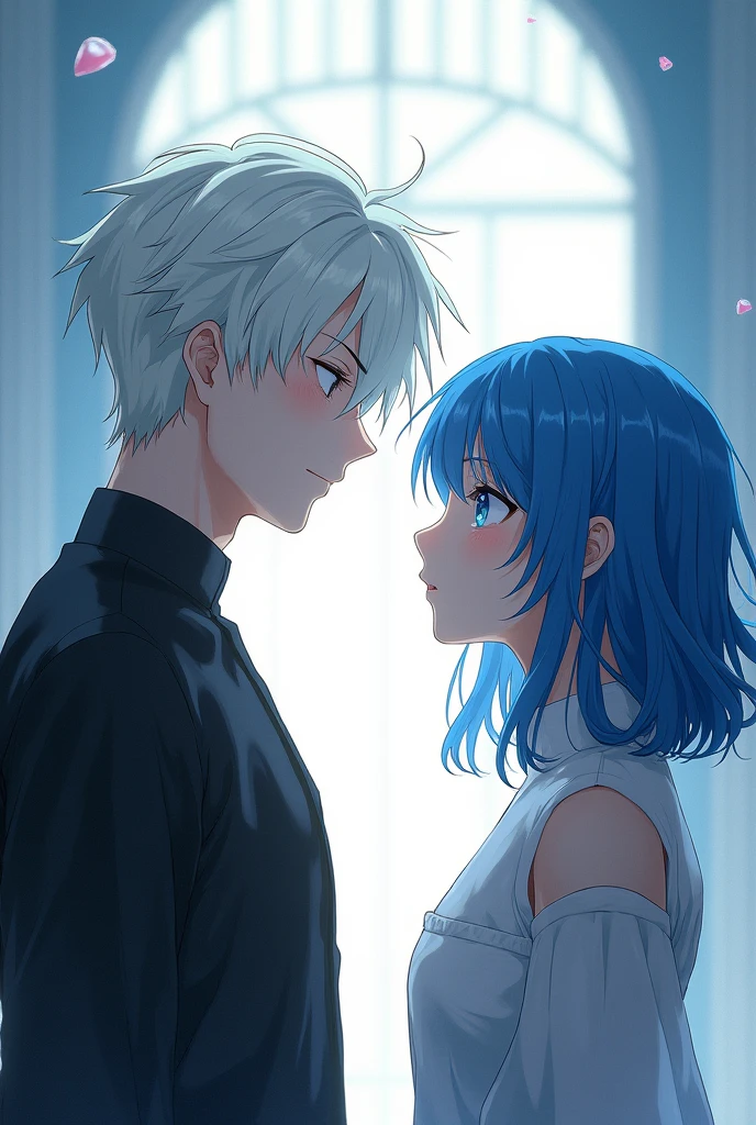 Tall albino-haired man and blue-haired woman looking at each other from the side, with the same height, estilo anime kimetsu no yaiba