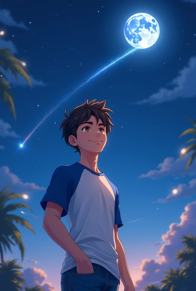 (Ash_pokemom)(Brown eyes, blue and white t-shirt with jeans)
, readiant smile, in the light of the moon, anime realistic , star , handsome guy , magic moment, 4k , only our , beautiful night, shooting star, smile, smile , looking front