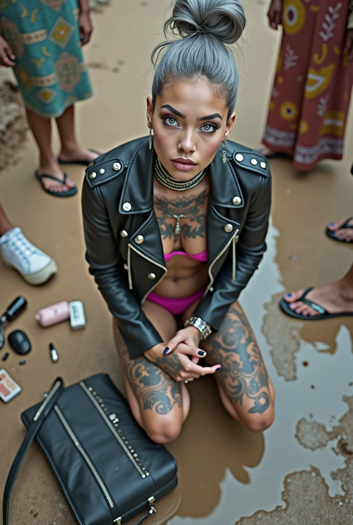 russian milf woman, grey hair (high pompadour, top bun), with very light blue eyes, extremely pale skin. All neck tattooed. Hands and forearms all tattooed.vTighs all tattoed. Wearing cropped aged black moto jacket with lots of zippers and pins, flipped up collar.. fuchsia bikini.. flip flops. . Dirty knees, dirty feet and muddy hands. Squatting on a puddle with hands on her hips, looking up, chin up, stretching her neck , humble facial expression. Black nail polish. studded black leather tote bag with chain on the floor, next to her.. Listening looking up in amazement to somebody speaking to her from the sky, upper teeth visible. Well toned abdominals, thin neck, slim legs and thin arms. Narrow hips Cleavage, stomach, neck, tigh and hands completely covered with tattoos. Dirt street in Kenyan village full of waste. Lots of silver bracelets, silver pendants and collars around all the beck. A lot of tanned fat women in traditional dresses around looking at her. next to her, all her belongings scattered on the floor: tobacco packs, makeup kit, little makeup mirror, studded black leather tote bag, lipstick, wallet, moble etc on the floor, point of view; from above