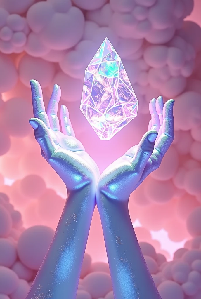 Create two hands (holding sth on the air); the hands made of pink-blue crystal (hologram effect), glass material, soft glow, beautiful bright hologram background, pink tone