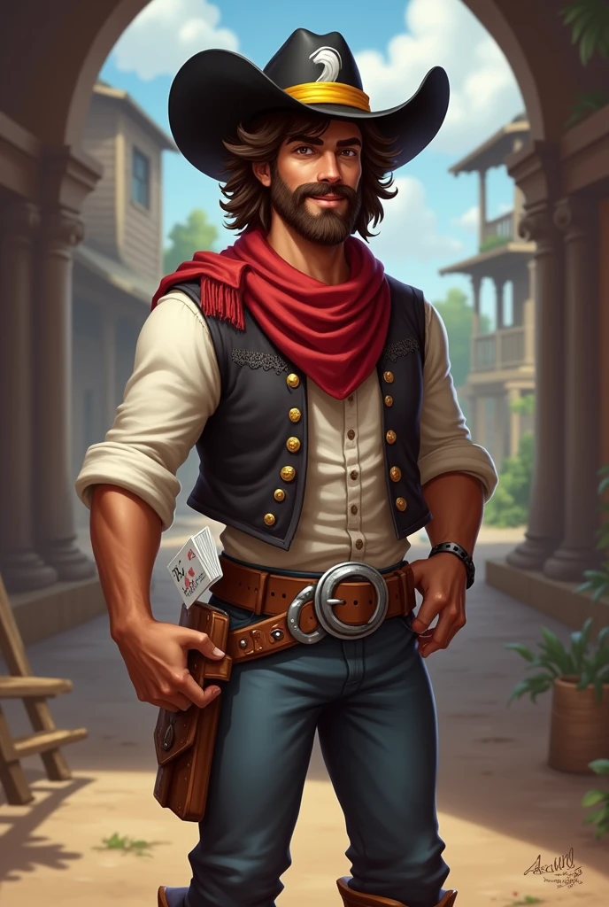 man, brown skin, brown hair.,
He has a long messy hairstyle, with a white streak in his hair,
brown eyes, and a short, well-groomed beard.
He has a normal physique, wears a black cowboy hat with a yellow band on it.,
He wears a black vest over a rolled-up white dress shirt, a red scarf around his neck, pants with a buckle, and boots with spurs. He is cheerful and well-liked, and he carries two decks of cards with him in 1857 ,RPG Fantasy style.