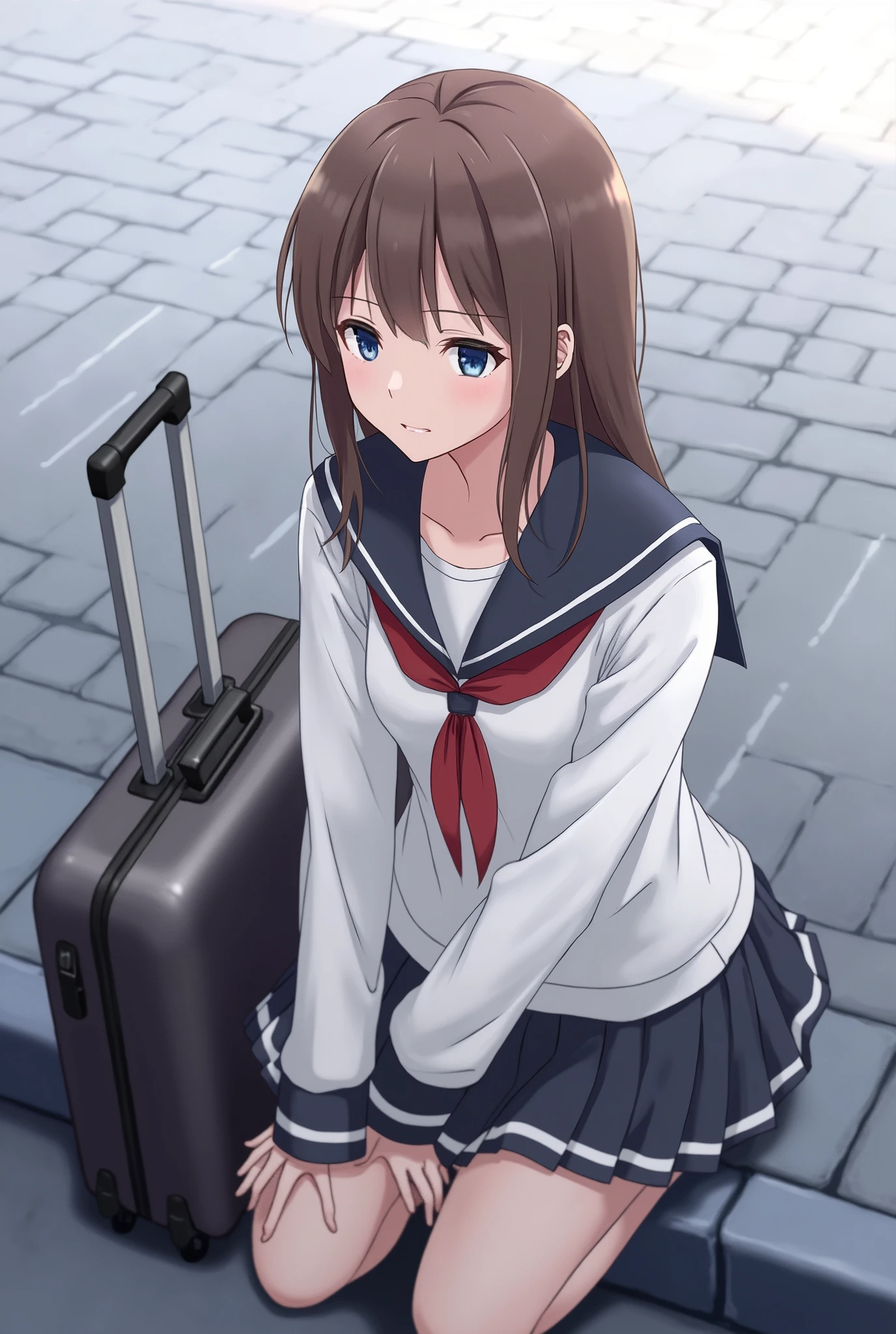 there is a woman sitting on a curb with a suitcase, (hair swept bangs:1.3), (brown hair:1.3),  anime style, from girls frontline, fine details. girls frontline, girls frontline universe, girls frontline style, girls frontline, girls frontline cg, loose coat collar sailor uniform, sailor uniform, kantai collection style, beautiful anime high school girl, sailor clothing, 