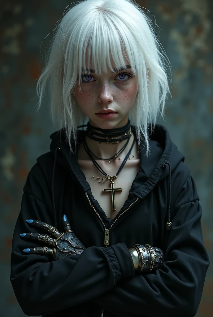 Middle-aged albino ager seeking revenge with a violent look and white hair and violet eyes and soft freckles, you came in black with a cross necklace and a mechanical hand with steampunk technology