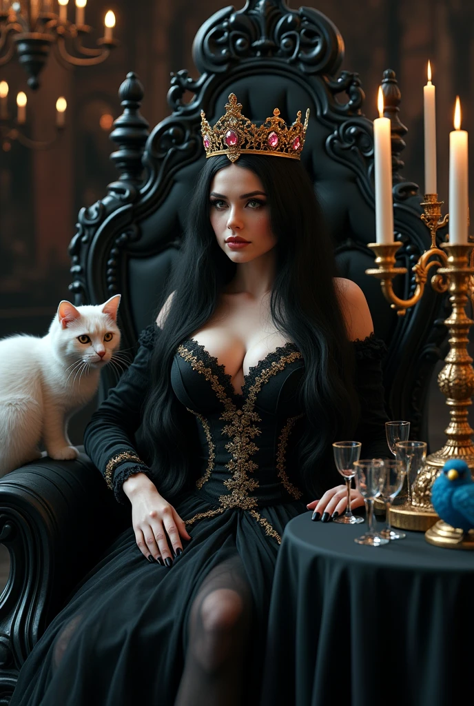 "A full-body shot of a extra wide scene in a dark medeval palace. A queen with big light-colored eyes, super long shiny blackest hair, ((Detailed face:1.2)), perfect beautiful teeth, perfect hands, five fingers on each hand, big breasts cleavage, white perfect skin, rosy cheeks, )(Best Quality) (Detailed). Wearing a layered black and gold dress with lace and shiffon. leans bending to the side nonchalantly beside a black thrown. On her head is a gold crown, adorned with pink crystals 1:1. A white cat lounges on the floor in front of her 1:1, while a blue bird perches atop the throne. The scene includes a elegant, extraordinairy beautiful gothic empress, striking a bendover pose, excited, her long black hair flowing over her shoulders. Embodying a beautiful yet disheveled gothic queen. The environment exudes a medieval fantasy vibe, with a big black intricate throne, a dark medeval chandelier with few candles hanging from the ceiling a very low romantic lighting. In a fantastic scene that uses 3D Surreal 3D model. Big gold gothic medieval five armed candlesticks sit on a blacktable, surrounded by crystal wine glasses—one tipped over and another half-full of wine. The entire setup is Best Quality, masterpiece yet regal, capturing the essence of a vampire, fantastical gothic setting, moist, Reflectors, low lighting from right , framed with the grandeur of medieval gothic style. photographed in a Canon EOS R5, 50mm Lens, F/2.8, nffsw, (8K)"