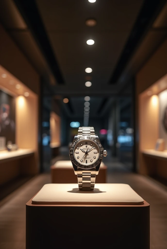 Generate a realistic 4k picture of a watch counter in a shopping mall at night time. Light should be asethatic and in the watch counter light should be focused on a silver colour watch of rolex company for girls this picture must look realistic and taken by a high resolution camera