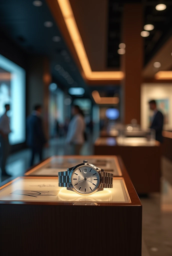 Generate a realistic 4k picture of a watch counter in a shopping mall at night time. Light should be asethatic and in the watch counter light should be focused on a silver colour watch of rolex company for girls this picture must look realistic and taken by a high resolution camera