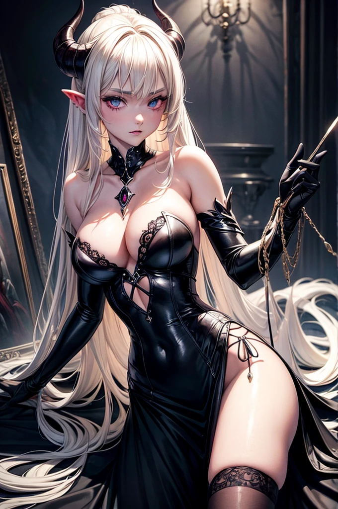 a beautiful seductive succubus with platinum blonde hair in a princess updo, Tie up your hair:2.0 ,devil tail:2.0 ,in a demonic castle, surrounded by a magical circle, moody atmosphere, fine art painting ,detailed face ,highly detailed, masterpiece:2, best quality:1.5, 8k:2 ,4k ,2k