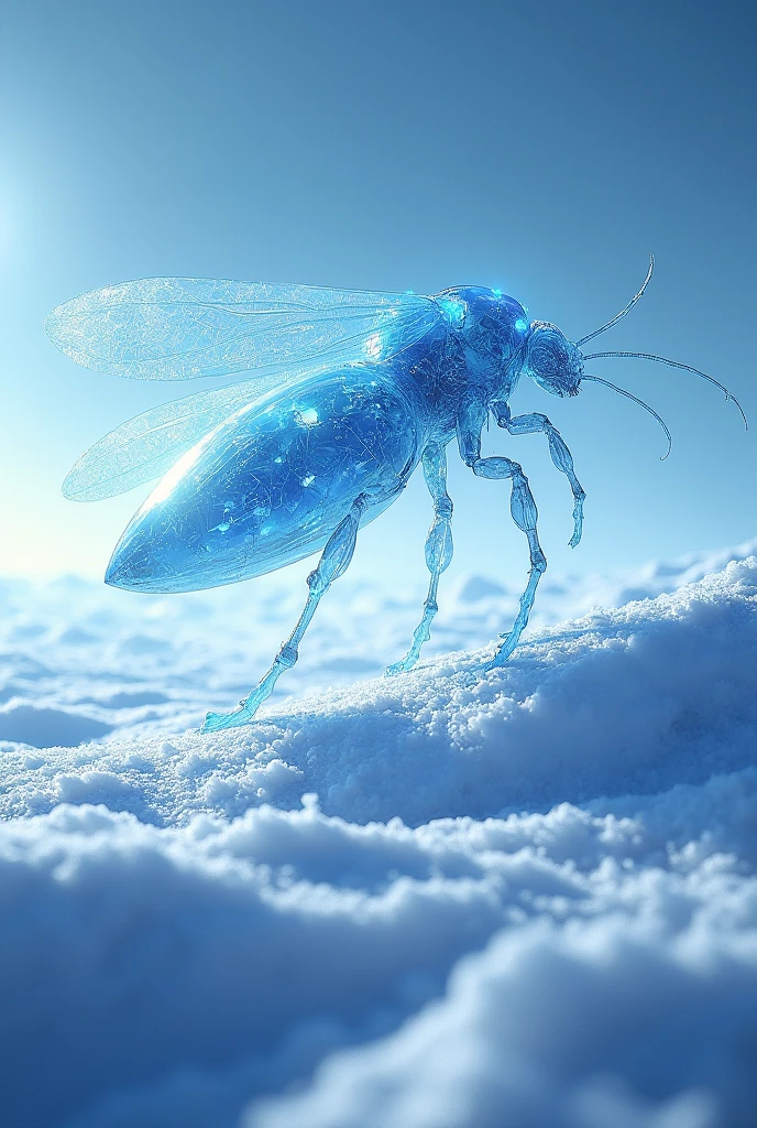 ice planet、Vast snowfields、An insectoid creature made of transparent crystals、Backlight、reflected light、Blue Sun、Blue light、