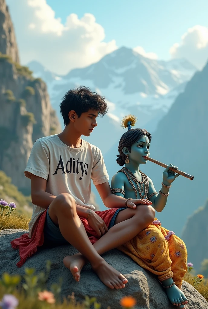 create a 3d image of 20 year old Indian boy who is sitting next to krishna ji and Krishna ji playing the flute, they both sit together on the mountain, Girl wearing T-shirt Name
"Aditya
" written on it, make sure text shout be misspelled, heaven like beautiful view background, peacock dancing,realistic image and Girl is in barefoot.