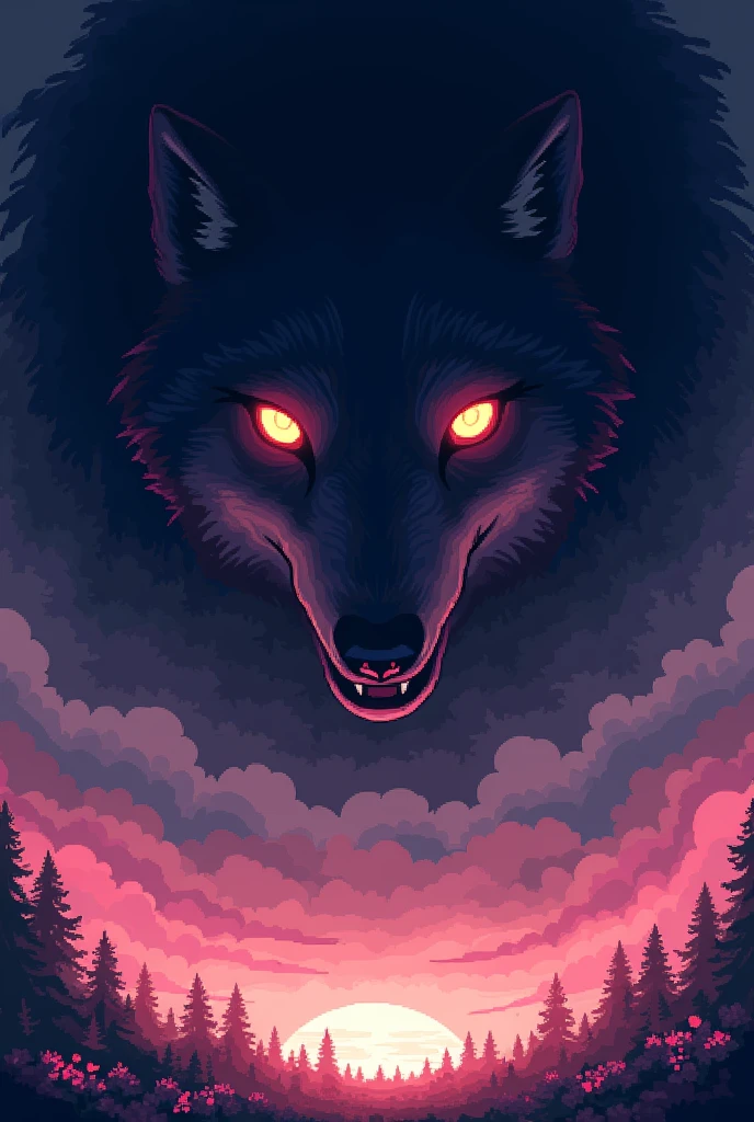 pixelart, bottom half with cute pink aesthetic, half above with darkness and wolf eyes lit with terror