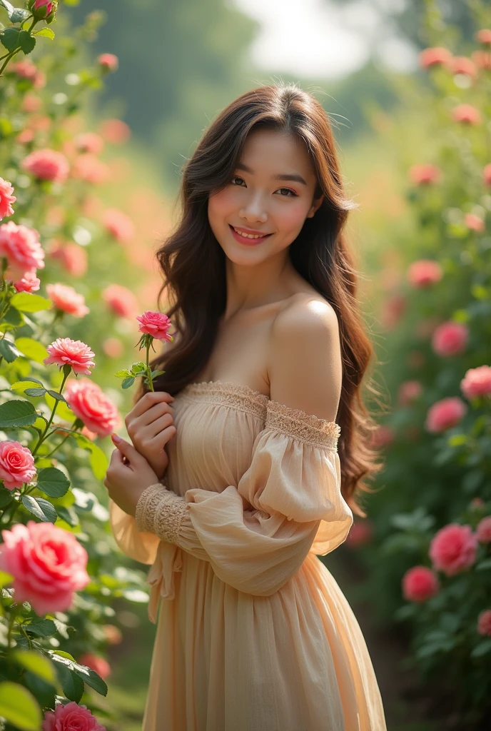 Very beautiful girl with a rose flower in her hand. She is standing in a garden of flowers and smiling
