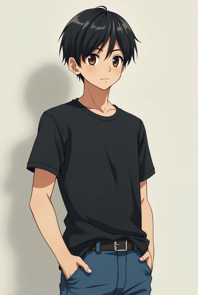 anime man (about 1) with black hair and bangs, the boy is wearing blue jeans, a black shirt and has brown eyes