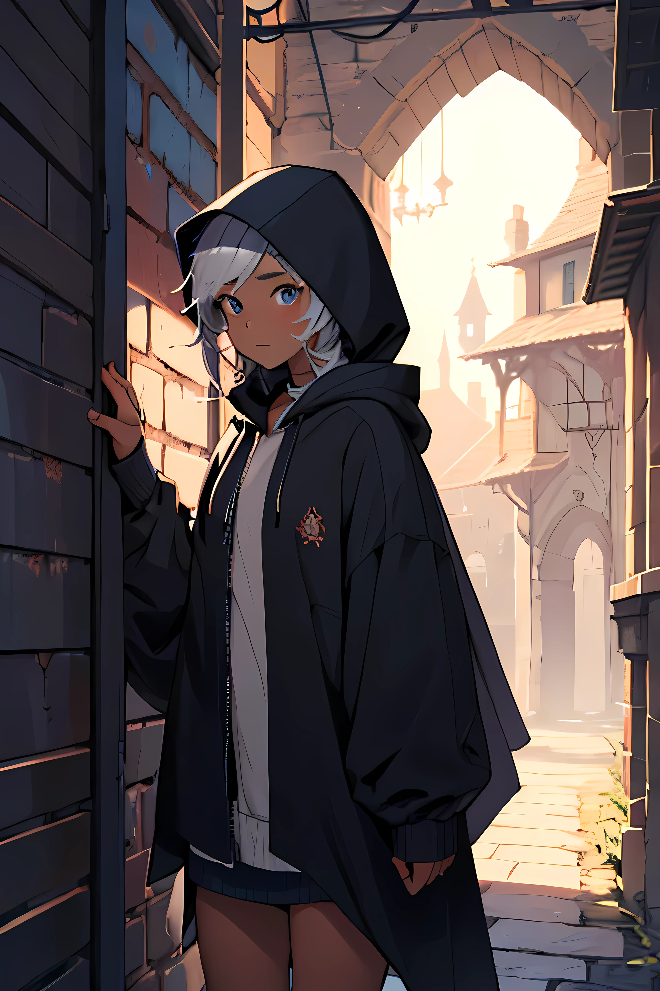 A thief aged girl in a hooded cloak. She has white puff hair and dark tan skin. Fantasy themed. Sneaking. Hood up