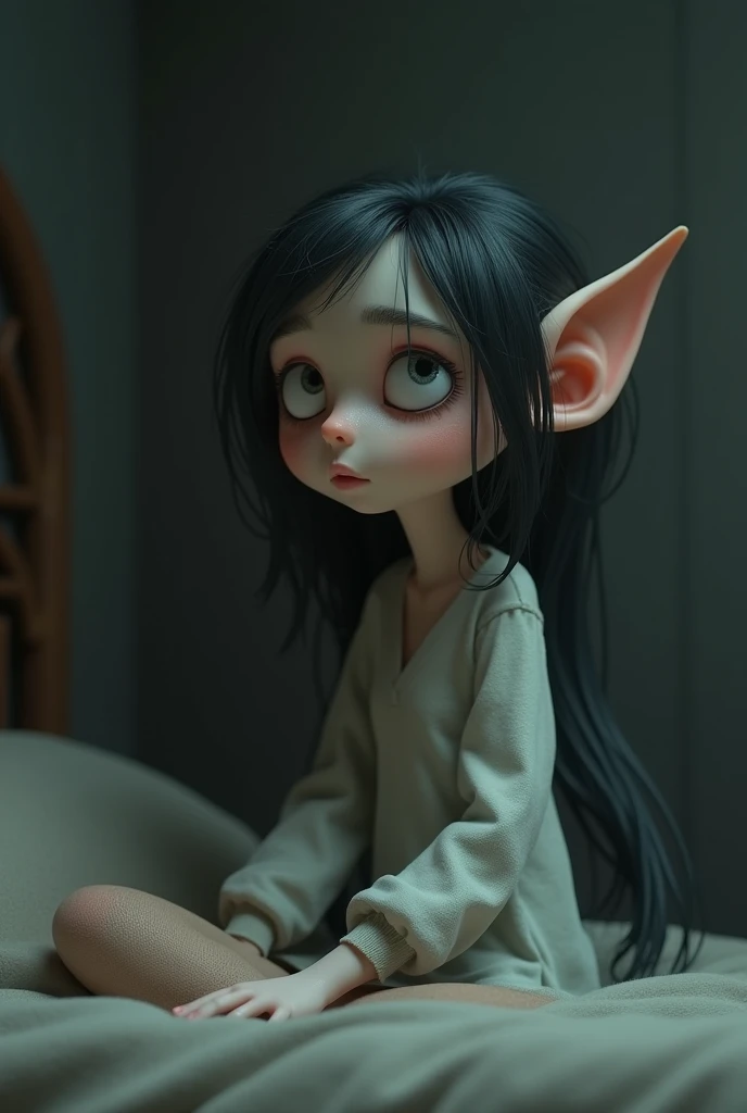 3D cartoon animation style.somber image of Elara suffering from illness due to .

