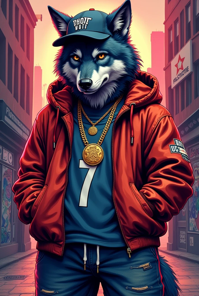 Drawing of a wolf that is dressed like the rappers of the 90s