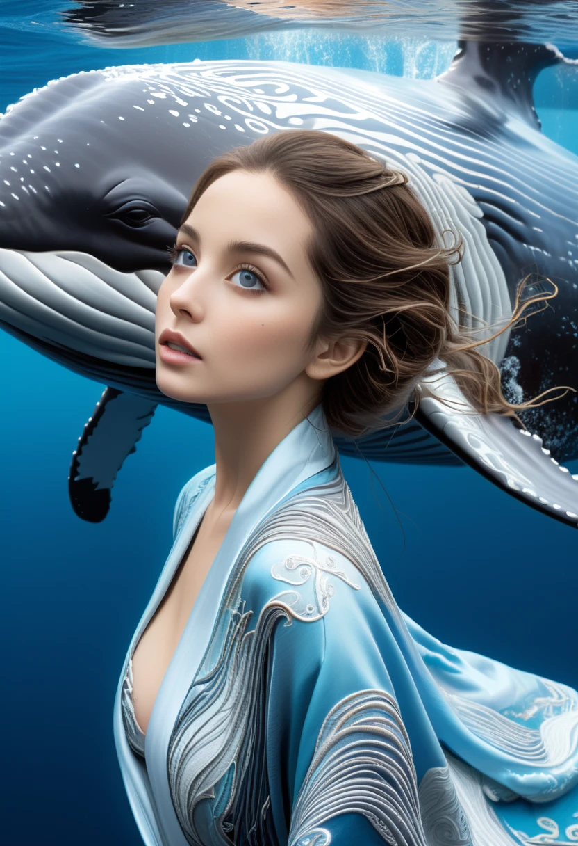 high quality, 8K Ultra HD, Surreal portrait of a stunning woman.
This masterpiece,Best quality,A charming whale whisperer wearing a flowing sky blue silk robe,It is embroidered with an intricate wave pattern.,Floating peacefully on the vast ocean,She reaches out to a gentle humpback whale。Huge cetacean breaches the water,Its huge eyes met hers in a moment of profound connection and mutual admiration.。