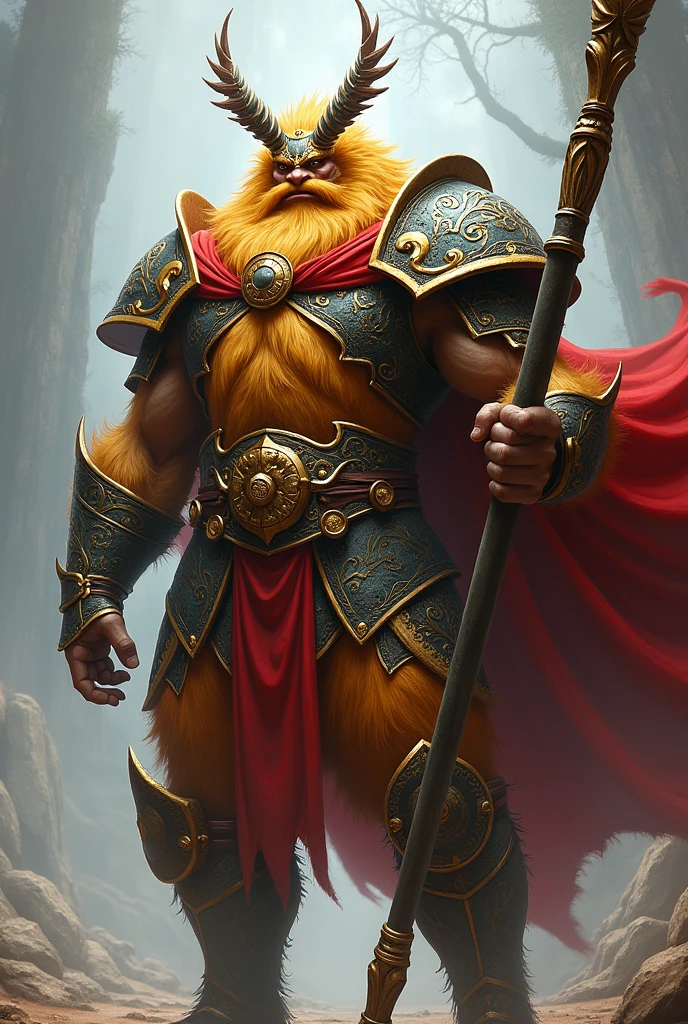 hairy man, yellow fur, in golden and brown full-body dynasty armor, two antenna-like plumes headdress, wielding a long metal bo stick with gold on two edges, red flowing cape, dynamic pose, fantasy vibe,