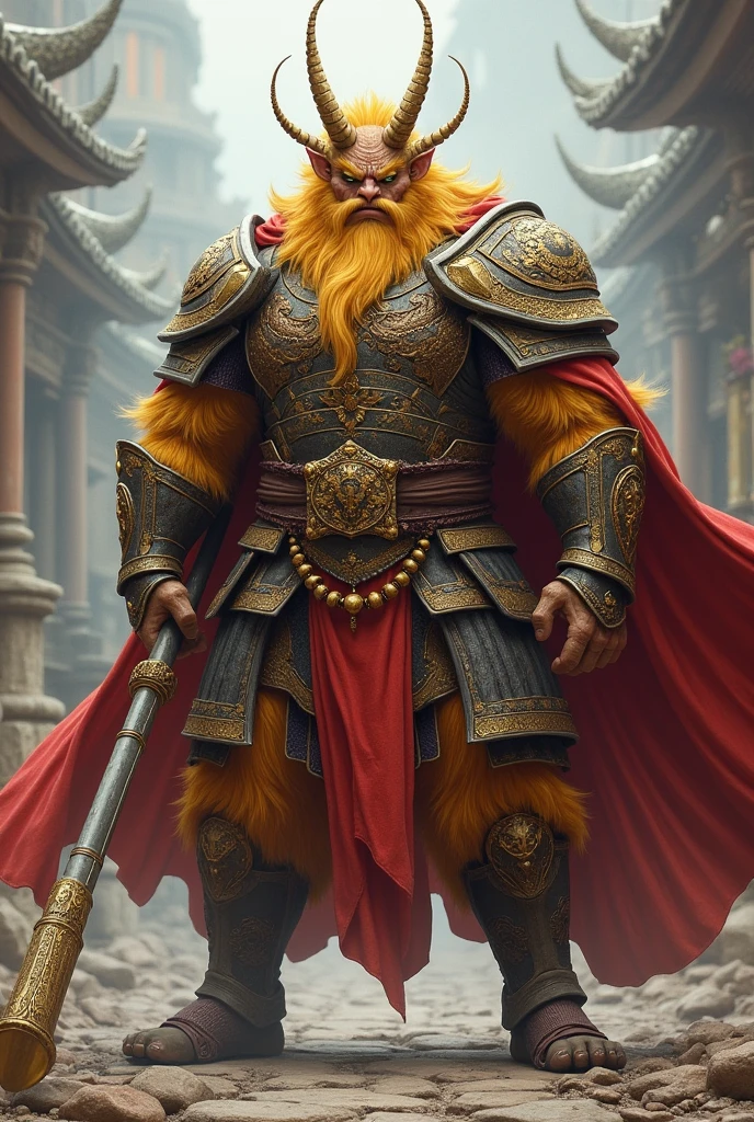 hairy man, yellow fur, in golden and brown full-body dynasty armor, two antenna-like plumes headdress, wielding a long metal bo stick with gold on two edges, red flowing cape, dynamic pose, fantasy vibe,