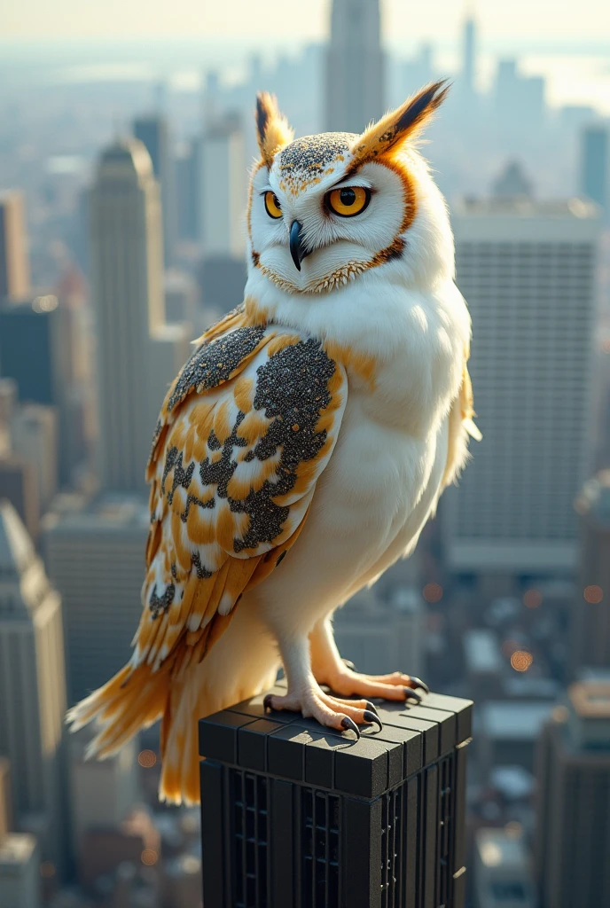 owl,young,white,gold,beautiful eyes,looking off to the side,BREAK,background is looking off of a tall sky-scraper,visible city in the back