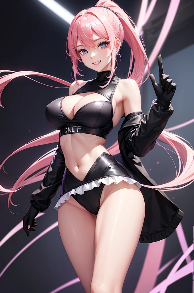 (Cheerful woman), ,(Long pink ponytail),Sapphire-like blue eyes,Black hot pants,Exposing the abdomen, Ample breasts, ((Slender legs)), Lace Coat, sports gym, smile