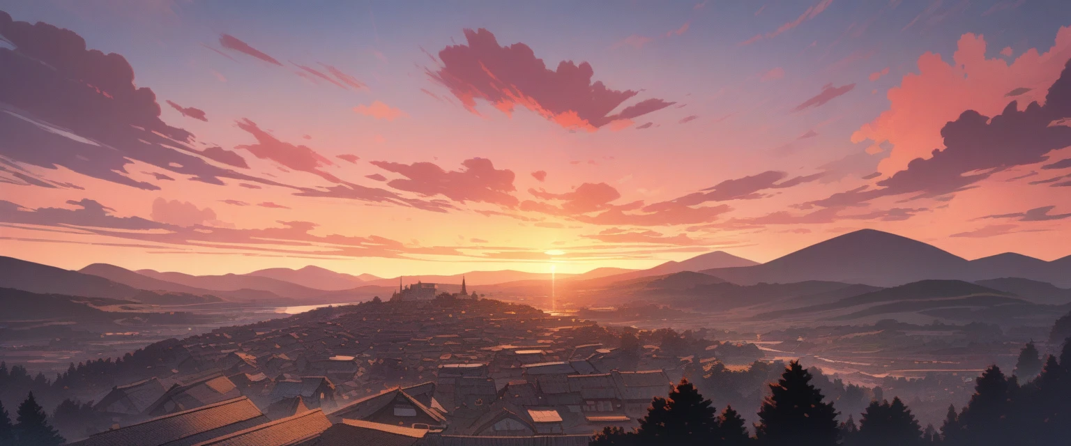 ((background only)), masterpiece, best quality, extremely detailed, ultra detailed, flat anime, 2D, 
sunset, country town