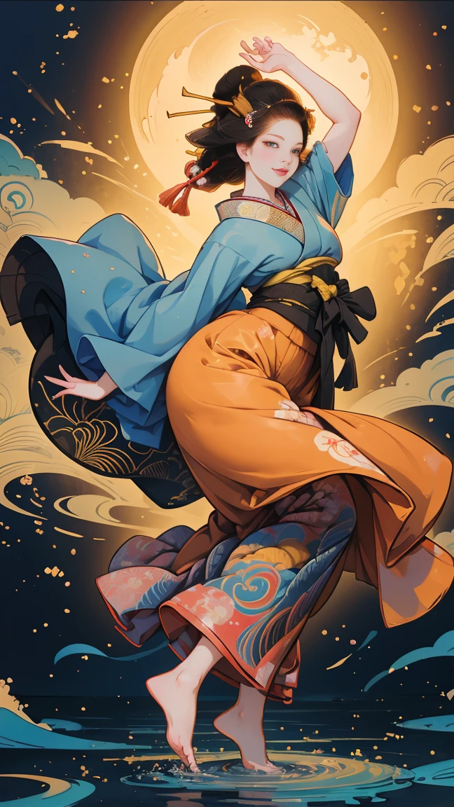 (Sea Art、I create amazing digital illustrations of beautiful women in kimonos)、Beautiful woman smiling showing her upper white teeth、Colorful Ukiyo-e style illustrations、Brown-black long hair、Beautiful full body style、If you want to dance, Dancing to Tokyo Ondo, Good good、Beautiful new digital paintings,、 Bright and vibrant digital anime art、Beautiful anime portraits、Background,The front torii gate of a Japanese shrine.、Detailed digital anime art、