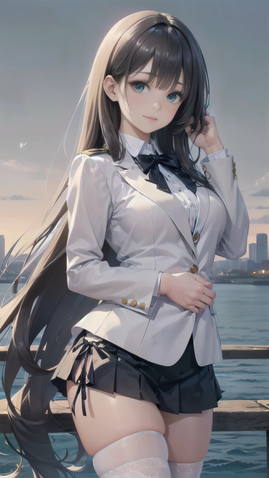 1girl,((Smooth, long brown hair fluttering in the wind,Green Eyes)),((masterpiece,Very realistic,A detailed anime wallpaper:1.4)),((Perfect Anatomy:1.2)),Cute symmetrical face,CG Unity 8k,((White Blazer Uniform,Black tie,pleated micro mini skirt,White thigh-high socks)),8K quality,Extremely sophisticated digital art,((Looking to the side and touching her hair with one hand:1.35)),Perfect cute girl,Staring at the camera with a gentle gaze,Healing facial expressions,Extremely detailed hair and face,Artistic pastel art,A pier with a beautiful night view of the big city,Fresh breeze,Professional Lighting,Supermodel,((Light blue lace side tie panties:1.08))
