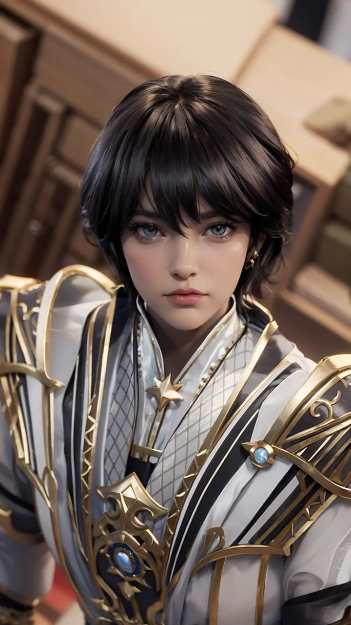 a detailed portrait of an angry royal sister with short tan hair, layered dress, hands crossed at waist, facing audience, ultra-detailed CG drawing, masterpiece, excellent, wide angle panorama, photorealistic, (office:1.8), extremely detailed eyes and face, beautiful detailed lips, long eyelashes, cinematic lighting, dramatic shadows, cool color palette, intricate textures, ornate ornaments, flowing fabric, detailed jewelry