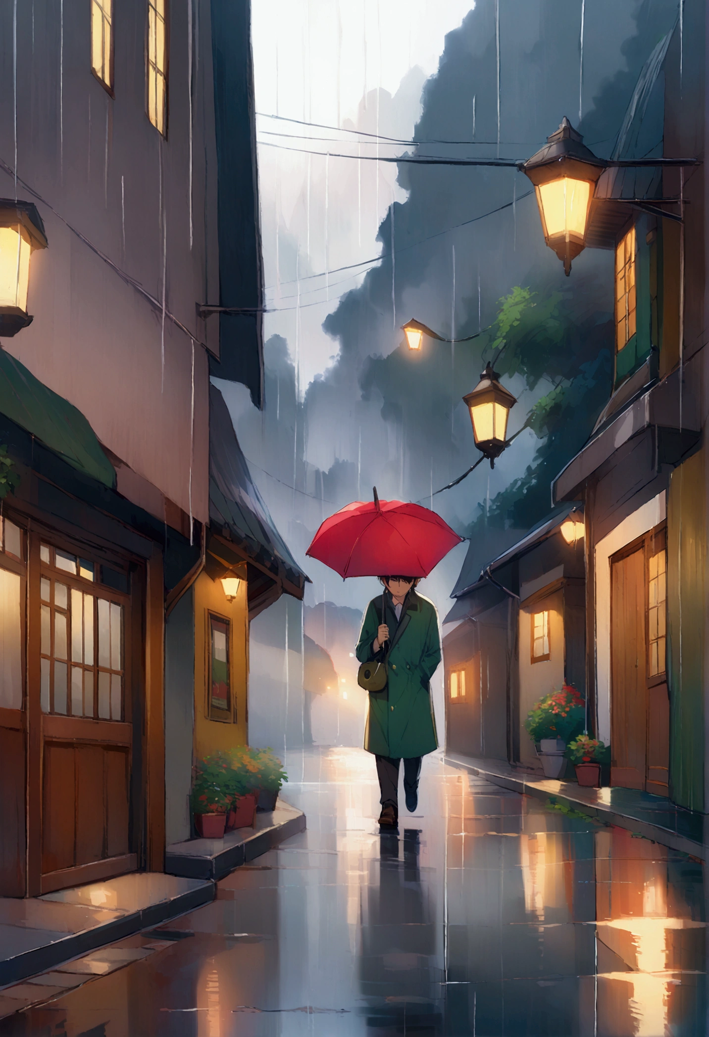  Ghibli boy walking in the rain on a quiet street