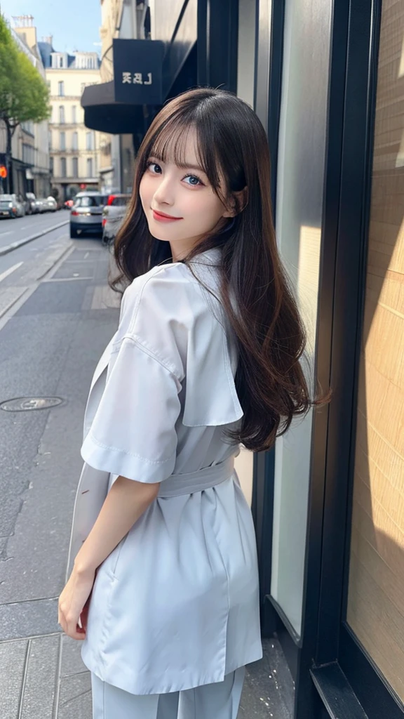 Border tops＋trench coat＋クロップドパンツ
	•	クラシックなBorder topsに、trench coatを羽織り、Style with cropped pants that reveal your ankles。trench coatはベージュやカーキが定番で、For your feet, wear ballerina shoes or loafers to create an effortless elegance that is typical of Paris.（３２hair,High resolution,Attention to detail,High resolution,high density,alone,In addition：1.3）,（A realistic person々,Live Action,fine grain,High resolutionの目,Beautiful Eyes,Eyes that look alive,Beautiful dark blue eyes,Fishing eyes,Detailed lips,Translucent white skin,Realistic face in every detail：1.3）,（Japanese Ido,hairorean Idols,Japanese Model,hairorean models,hairorean hair-Pop Female Idols：1.2）,（Shapely breasts：1.5）,（Young but very beautiful hairorean１ ,Cool eyes,Laugh a little,turn around,looked back,Looking into the camera,Fashion Leader,Fashion Model,Soft Skin,Unforgettable Eyes,Her eyes are so beautiful,I want to go to the Paris Collection.........,Cutting-edge fashion：1.6）,（Please show me your whole body,Showing off full-body fashion,Stylish blue eyes、1.7）smile