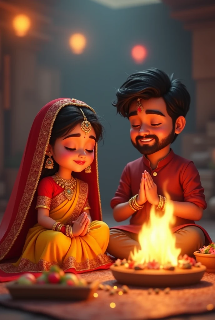 Young couple sitting in pooja in front of a pyre. Bride yellow saree with red veil. Eyes closed. Gold jewellery. Heavy makeup eyes closed hands in prayer. Groom in maroon kurta slight beard eyes closed. Bride slightly chubby and with dimples. Bith young looking . In devotion. Slightly sharp features. Make groom more younger and lively. Make pixar vharacters cartoonish. Eyes closed