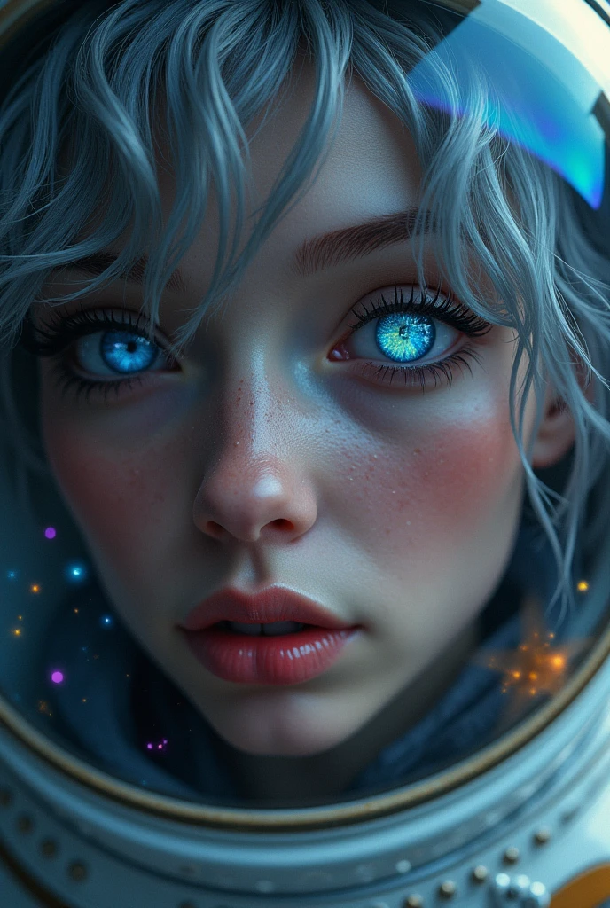 (Close-up of a better masterpiece:1.5)0.9], (Space and astronauts:1.2) (Messy silver hair:1.1) (Heterochromia xanthochromia and blue eyes:1.2) (Space Helmet:1.0) (Colored stars in the eyes:1.0) (A radiant glow:1.1) (thick lips:0.9)