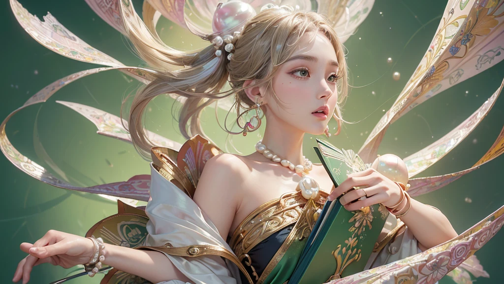 32K, 最高quality, 最高masterpiece, (ultra-Detailed Background, Detailed Background), High resolution, Super detailed, Very detailedな, 1 personの, (bouquet:1.3), (Tangled:1.2), (Geometric:1.2),(colorful),(masterpiece, quality, best quality, Official Art, Beautiful and beautiful:1.2), (1 person:1.3), Very detailed,(colorful:1.1)(Flowers:1.3),Most detailed,(Tangled:1.2), whole body, (Abstract background:1.3), (Skin glows), (Many colors:1.4), ,(Earrings Pearl:1.5), Pale yellow-green background, It's imaginative., Brunette Hair, Updo, Holding a book, Holding a pen, Satin shirt