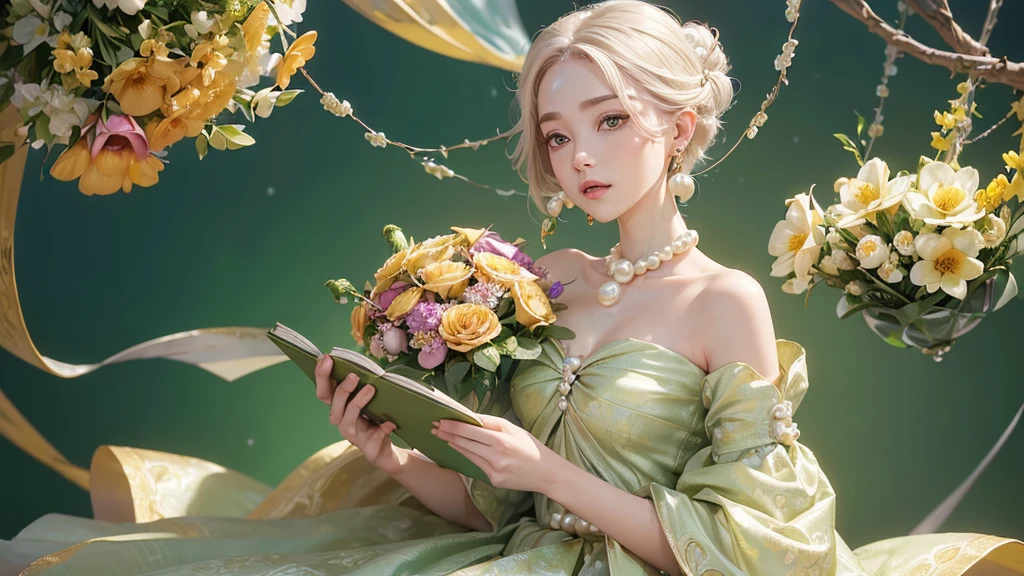 32K, 最高quality, 最高masterpiece, (ultra-Detailed Background, Detailed Background), High resolution, Super detailed, Very detailedな, 1 personの, (bouquet:1.3), (Tangled:1.2), (Geometric:1.2),(colorful),(masterpiece, quality, best quality, Official Art, Beautiful and beautiful:1.2), (1 person:1.3), Very detailed,(colorful:1.1)(Flowers:1.3),Most detailed,(Tangled:1.2), whole body, (Abstract background:1.3), (Skin glows), (Many colors:1.4), ,(Earrings Pearl:1.5), Pale yellow-green background, It's imaginative., Brunette Hair, Updo, Holding a book, Holding a pen, Satin shirt