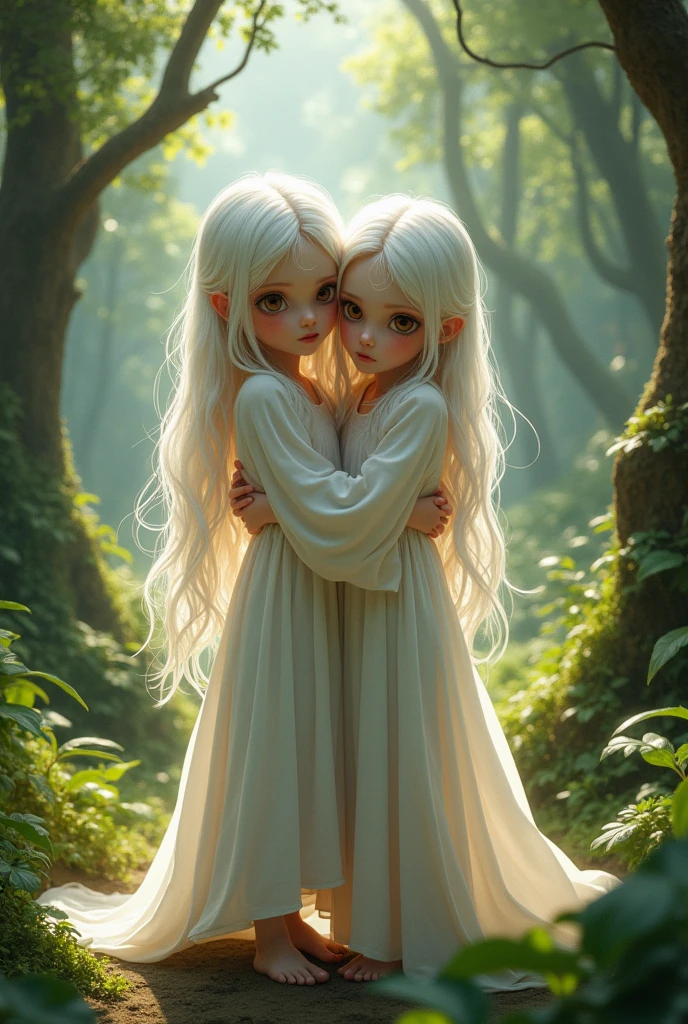 Two girls of about , both with very white skin and long, loose white hair., Brown eyes, dressed in very long white tunics that cover their feet,without shoes, Hugging and scared in the jungle during the day