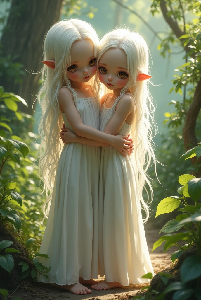 Two girls of about , both with very white skin and long, loose white hair., Brown eyes, dressed in very long white tunics that cover their feet, without shoes, stalked by a jaguar in a jungle during the day. One has a necklace with a half moon pendant and the other has earrings shaped like white clouds..