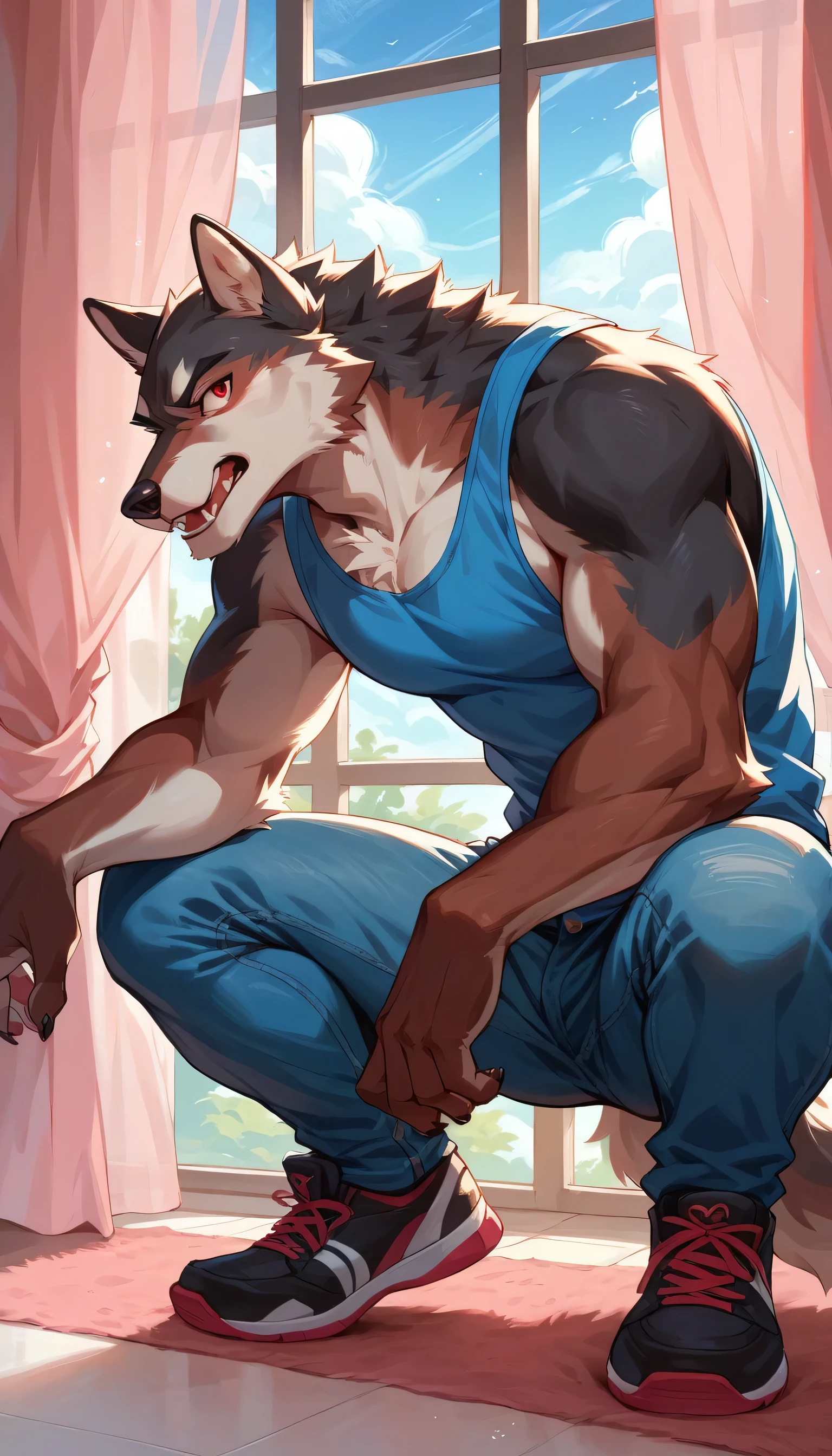 male wolf, squatting posture, furry red eyes, half naked, jeans, sky blue tank top in a pink room, Windows, White curtains