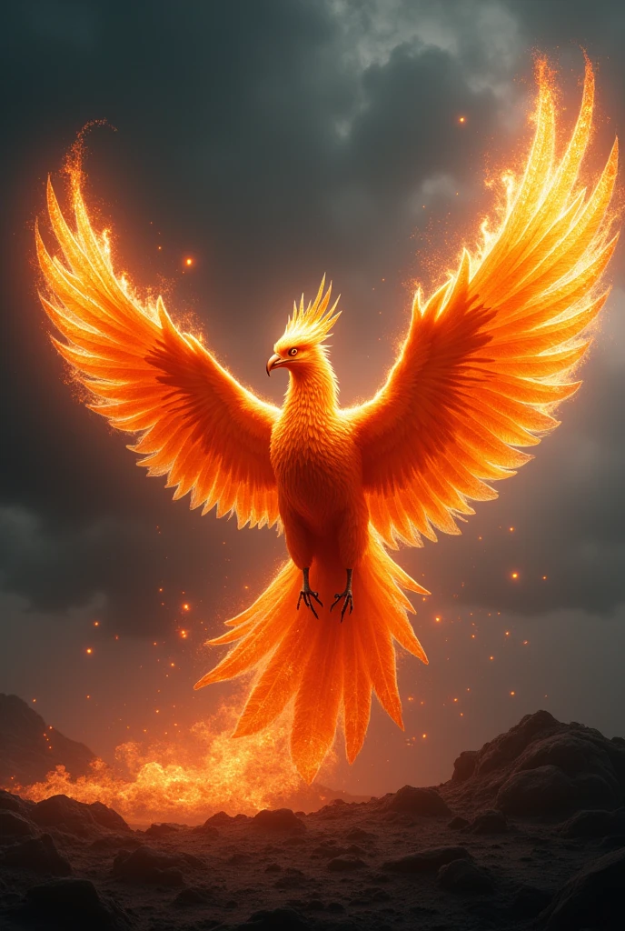 envision a 8k, highres, full body, cinematic design of a majestic fiery phoenix bird with its wings spread wide against a dark gray background