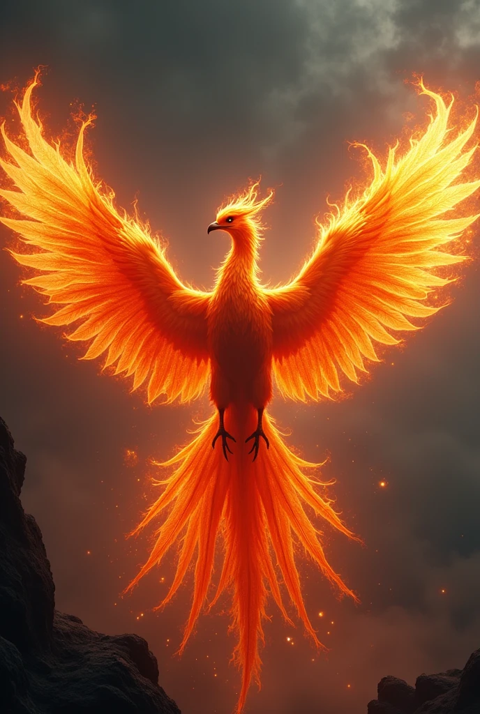 envision a 8k, highres, full body, cinematic design of a majestic fiery phoenix bird with its wings spread wide against a dark gray background