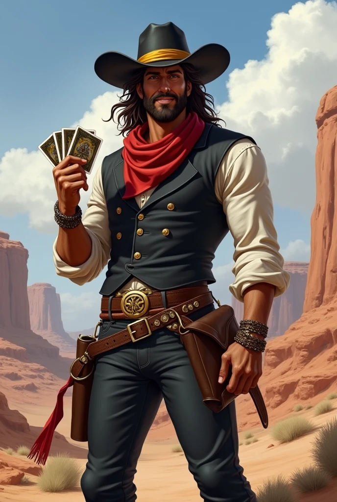 man, brown skin, brown hair., 
He has a long messy hairstyle,  with a white streak in his hair,
brown eyes, and a short, well-groomed beard. 
He has a normal physique, wears a black cowboy hat with a yellow band on it., 
He wears a black vest over a rolled-up white dress shirt, a red scarf around his neck, pants with a buckle, and boots with spurs. He is cheerful and well-liked, and he carries two decks of cards with him I would like it to be in a mature style, with the art in a fantasy and RPG style set in the Old West. in 1857