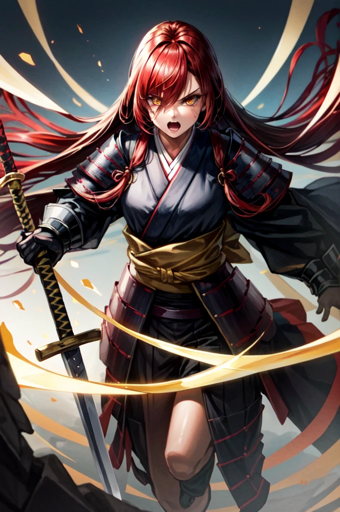 wearing armor One adult female, wearing black kimono, Long Hair, red hair, golden Eyes, snake pupils, Light makeup, intense anger, tite waist, holding sharp sword, full body, big hair, hair over eye, anime, cinematic lighting, cowboy shot, UHD, retina, masterpiece, accurate, anatomically correct, textured skin, super detail, high details, high quality, award winning, best quality, highres, 8k