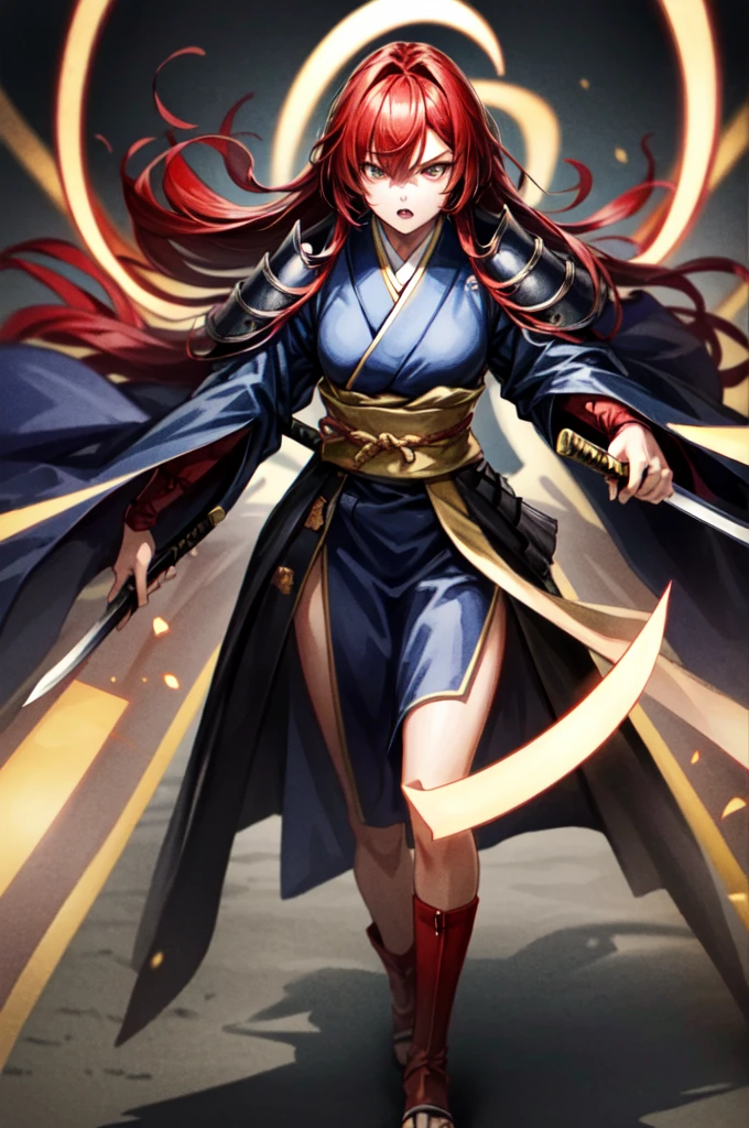 wearing armor One adult female, wearing light armor, wearing black kimono, Long Hair, red hair, golden Eyes, snake pupils, Light makeup, intense anger, tite waist, holding big sharp sword, full body, big hair, hair over eye, anime, cinematic lighting, cowboy shot, UHD, retina, masterpiece, accurate, anatomically correct, textured skin, super detail, high details, high quality, award winning, best quality, highres, 8k
