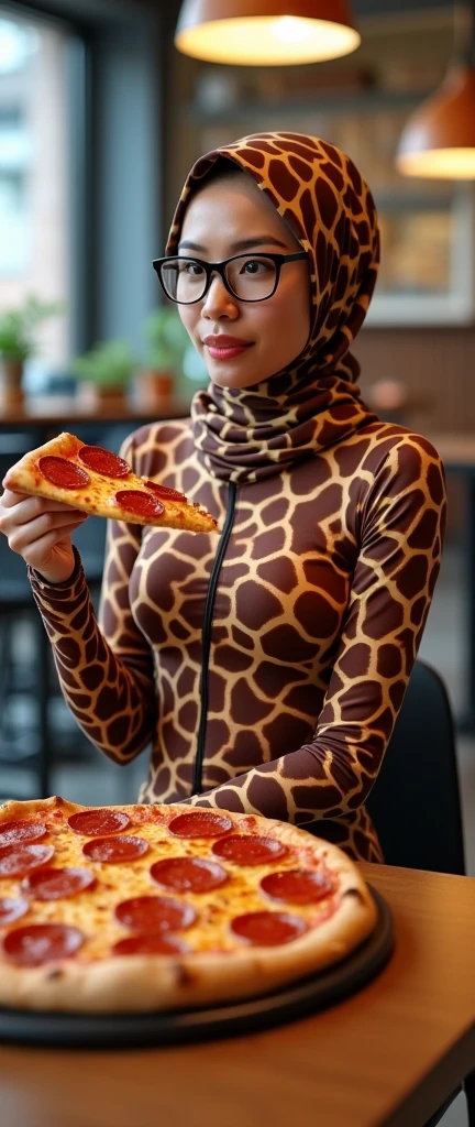The most beautiful,thin,most pretty and clever Asian muslimah adult girl with a pair of black glasses wears giraffe lycra turtleneck unitard catsuit covered with spots.She always wear giraffe print lycra dancewear stretchy hijab covered with many spots.She is sitting on the plastic chair and eats a lot of peperoni pizza at the hotel.