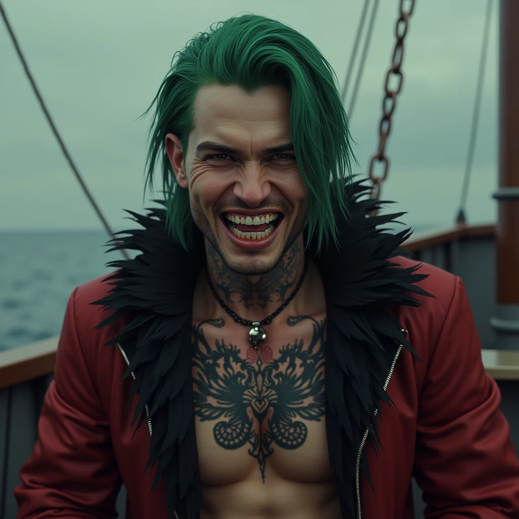 high resolution、Realistic、masterpiece、8k、Russian man、Young people、tall、Green reverse hairstyle、Long Hair、cheekbones are protruding、Shaky jaw、(((no eyebrows)))、Sharp eyes、Bad teeth alignment、Sharp teeth、Nose ring piercing、smile、Large tattoo in the center of the chest、Dark red feather collar jacket、open breast、On the boat