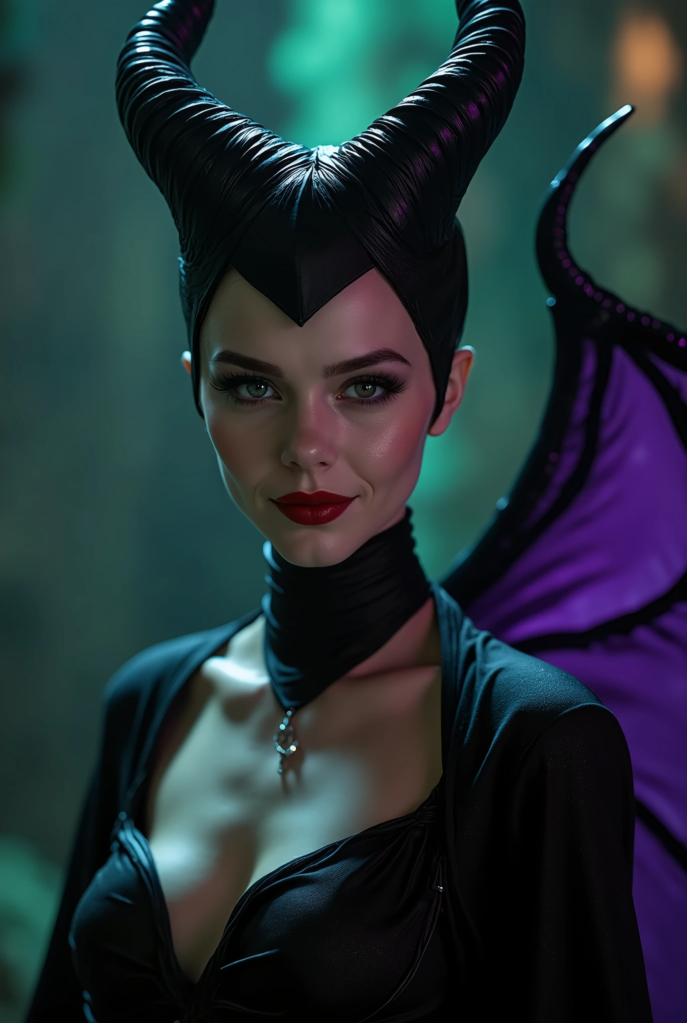 A stunning portrait of Maleficent as a 1, teenaged girl emphasis on her small horns, purple highlights, purple reflected light, in the nude, young and beautiful, hyper realistic, real portrait, backlit, exquisite features, cleavage, sexy, seductive, unnatural light, soft light, location is the interior of a dungeon, green light, eerie, purple highlights:1.4, she is smirking, she is busty, her chin is raised, looking down at viewer, low angle shot, exquisite features, exotic, high cheekbones, show her full horns