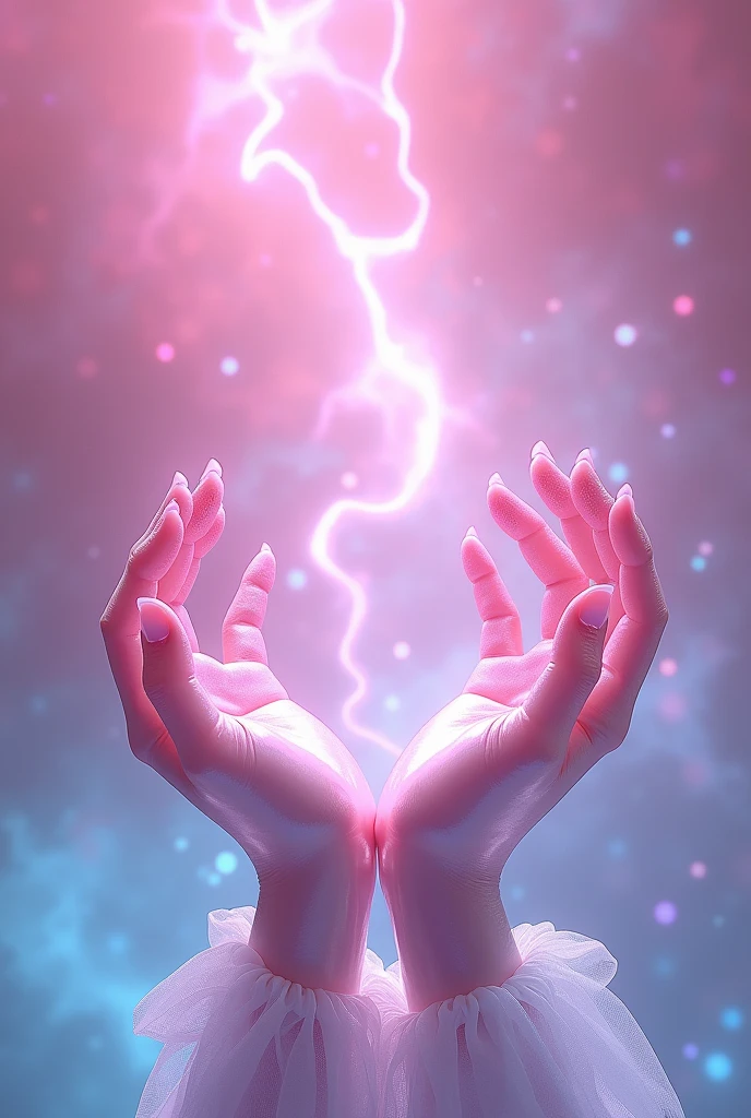 Create two hands (holding sth on the air); the hands made of pink-blue crystal (hologram effect, the pink more than blue), glass material, soft glow, beautiful bright hologram background, pink tone