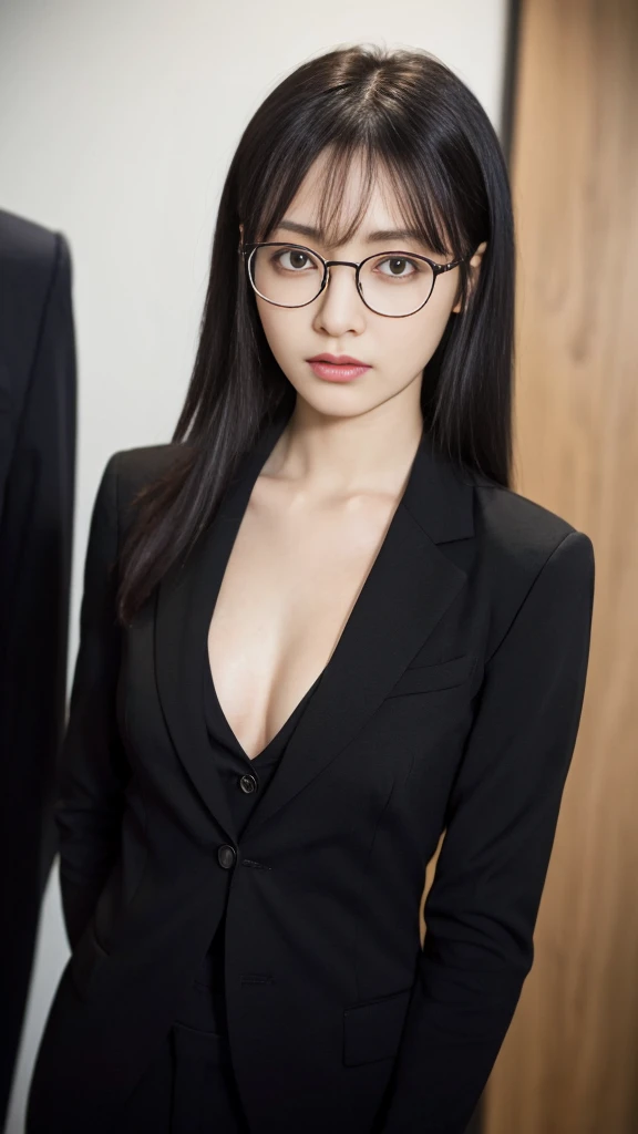 (Highest quality:1.5), (Real:1.4), (Ultra high definition:1.4), (No correction:1.4), (skinny Japanese woman with average size breasts standing front plain background in studio), (A woman wearing black-rimmed glasses), (Very small eyes), (breasts of average size), (Average height), (Bangs that hide eyebrows), (Long black hair), (Dark personality expression), (Black pantsuit), (White blouse), (black hair woman is standing with a black pant suits over a white blouse front plain background in studio), (woman viewed from the front), (Plain background), (Cowboy Shot), (Cold expression), (upright), (A woman with long black hair and glasses), (My bangs hide my eyebrows), (Sharp and tiny eyes)