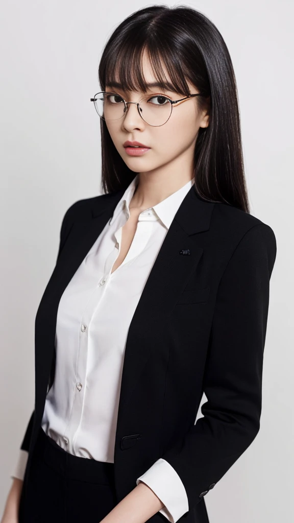 (Highest quality:1.5), (Real:1.4), (Ultra high definition:1.4), (No correction:1.4), (skinny Japanese woman with average size breasts standing front plain background in studio), (A woman wearing black-rimmed glasses), (Very small eyes), (breasts of average size), (Average height), (Bangs that hide eyebrows), (Long black hair), (Dark personality expression), (Black pantsuit), (White blouse), (black hair woman is standing with a black pant suits over a white blouse front plain background in studio), (woman viewed from the front), (Plain background), (Cowboy Shot), (Cold expression), (upright), (A woman with long black hair and glasses), (My bangs hide my eyebrows), (Sharp and tiny eyes)