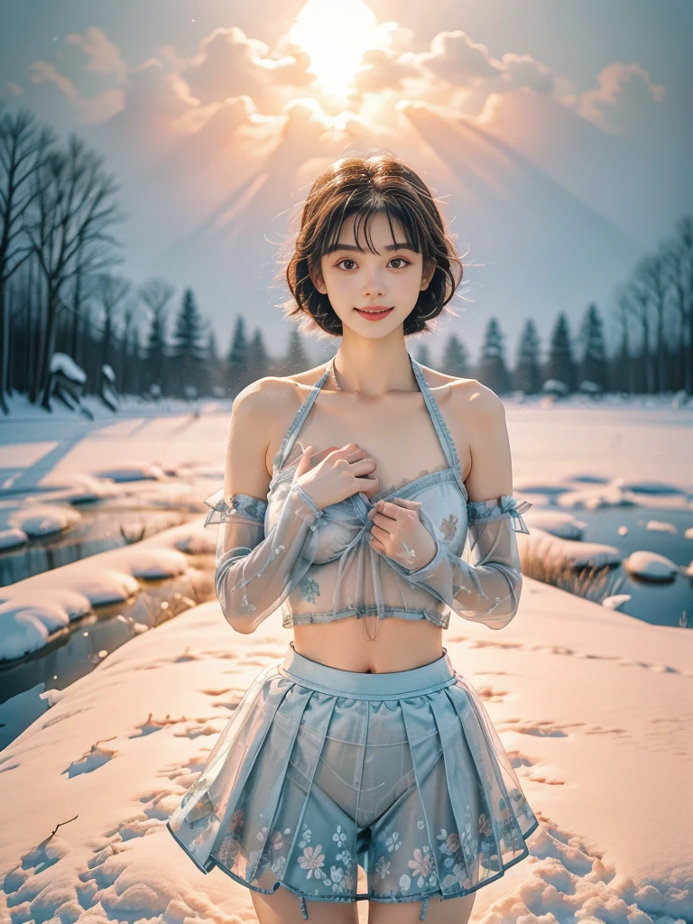 (Coniferous forest covered with heavy snow in the background，Blizzard，Without sunlight，Gray atmosphere:1.2)，Extreme Clarity，A beautiful，High Detail，8K resolution，Clear eyes，Smile，(Brown short hair)，Perfect facial features，Wooden window frames，(Hold your hands on your chest:1.3)，（A full-body photo with a furry hat），(emphasize，Inside wearing a light blue transparent floral halter top，Light blue transparent short skirt），full-body shot，individual