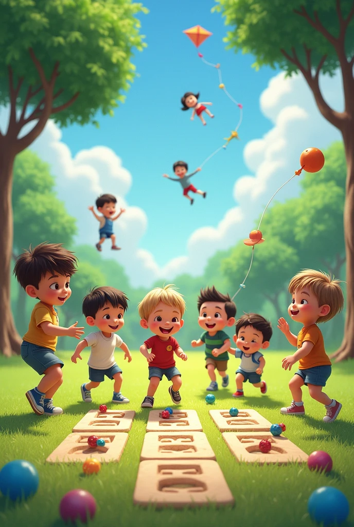 Create 7 children with those things Hopscotch.
The marbles.
The kite.
Mattress.
Spinning top or spinning top.
Yo-yo.
Rag dolls.